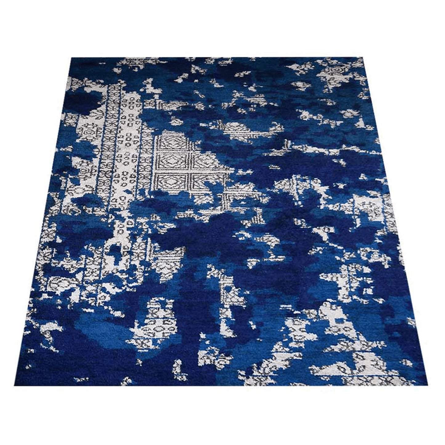 Rugsotic Hand Knotted Silk Area Rug In Blue And Beige - Abstract Design