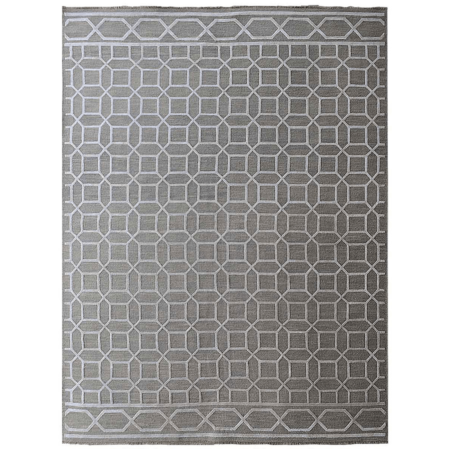 Rugsotic Hand-Knotted Sumak Silk And Wool Geometric Area Rug In Beige And White