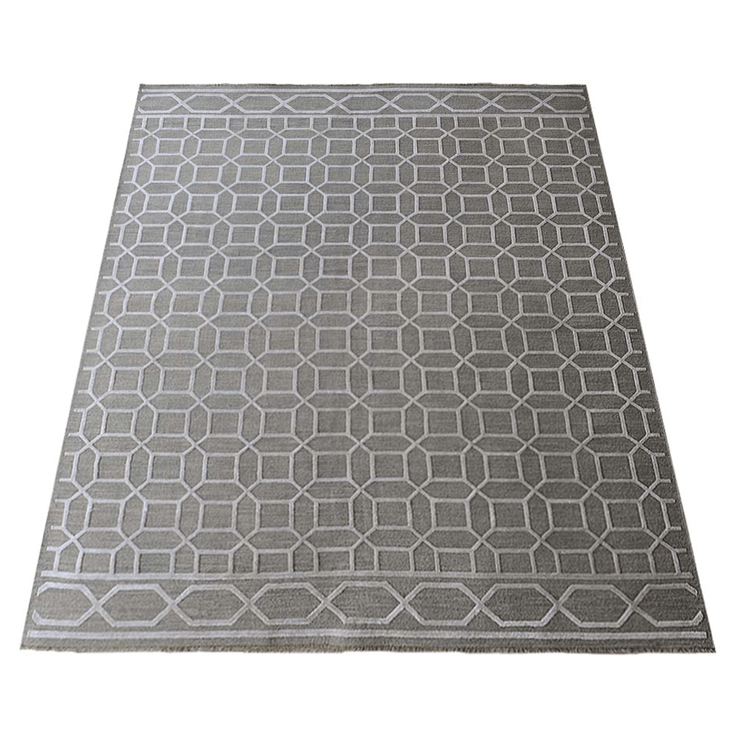 Rugsotic Hand-Knotted Sumak Silk And Wool Geometric Area Rug In Beige And White