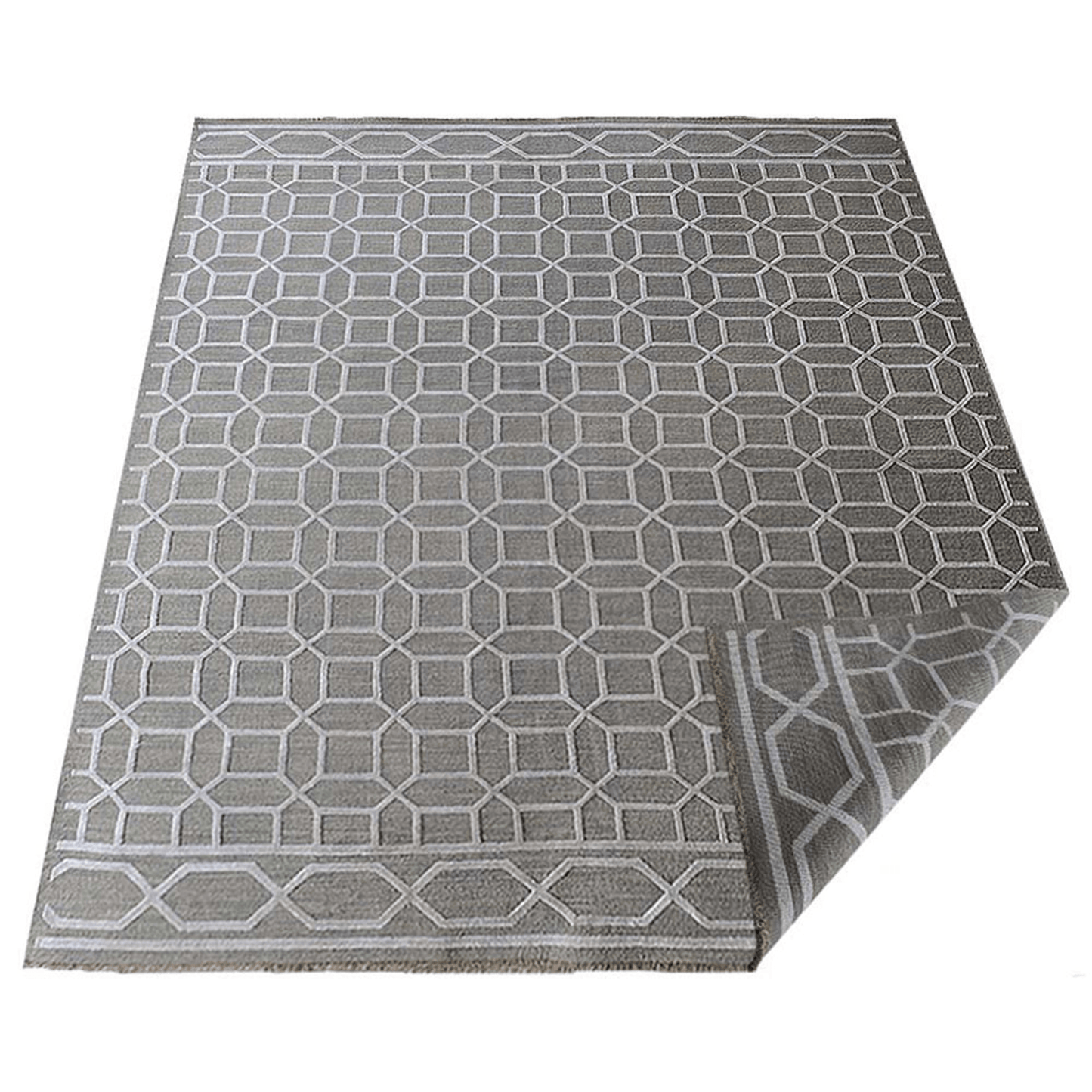 Rugsotic Hand-Knotted Sumak Silk And Wool Geometric Area Rug In Beige And White