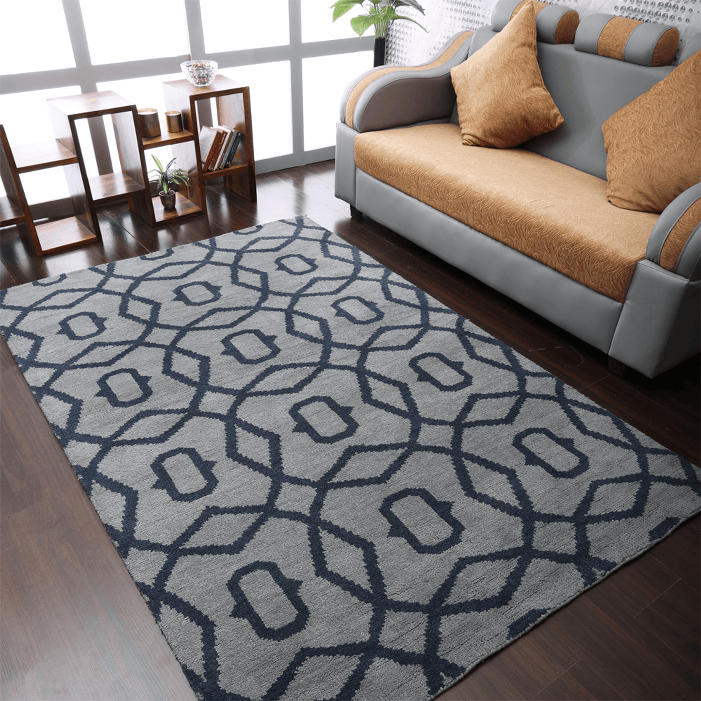 Rugsotic Hand Knotted Geometric Wool Area Rug In Gold Charcoal