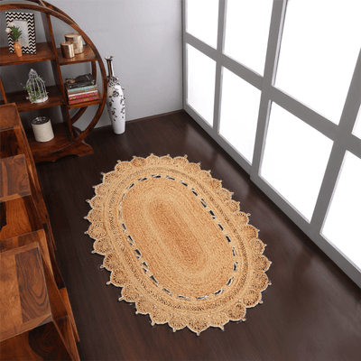 Rugsotic Hand Woven Kilim Jute Oval Area Rug, 5'X6'7", Eco-Friendly Beige