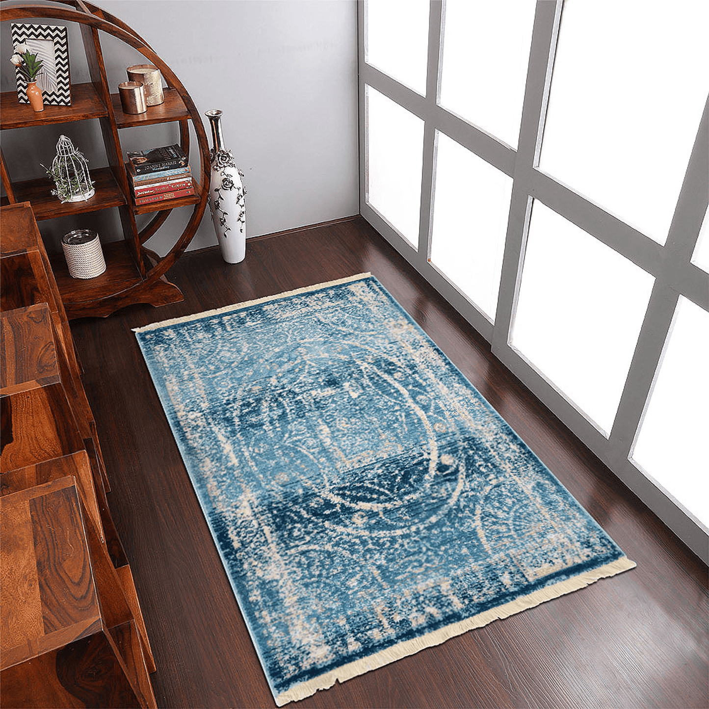 Rugsotic Carpets Machine Woven Crossweave Polyester Blue Area Rug Oriental
