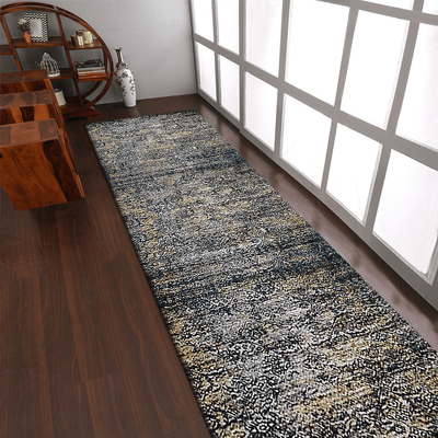Rugsotic Abstract Ivory-Blue Machine Woven Runner Rug 3'2''X10'