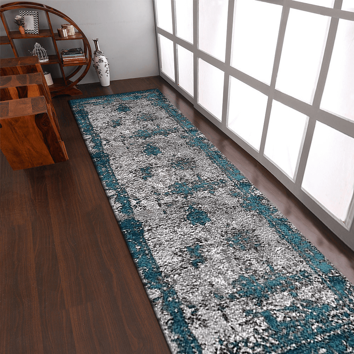 Rugsotic Abstract Ivory-Blue Machine Woven Runner Rug 3'2''X10'