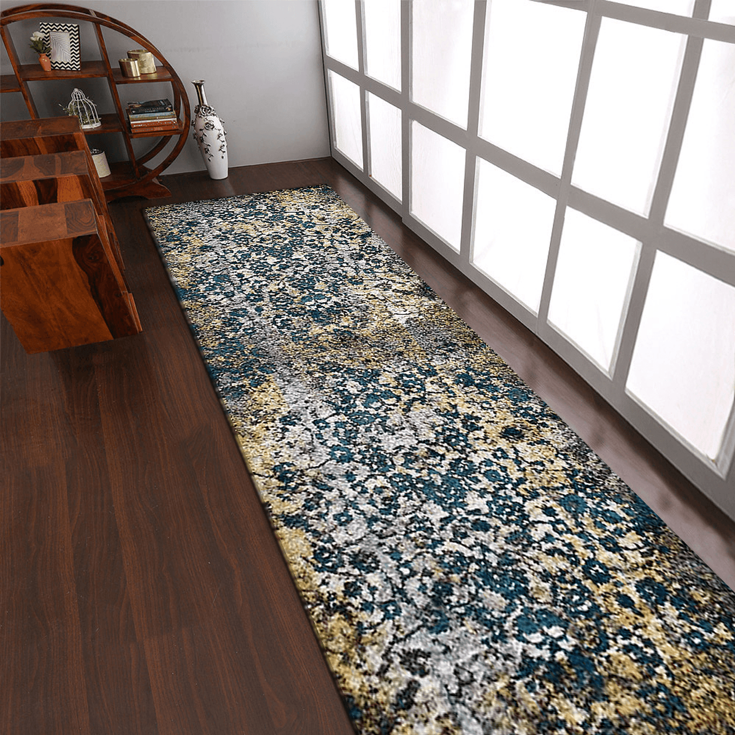 Rugsotic Abstract Ivory-Blue Machine Woven Runner Rug 3'2''X10'