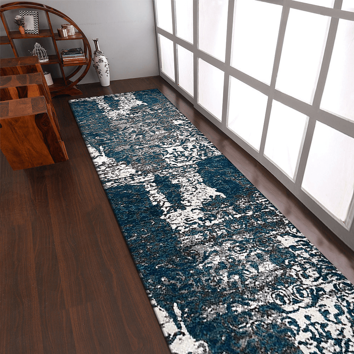 Rugsotic Abstract Ivory-Blue Machine Woven Runner Rug 3'2''X10'