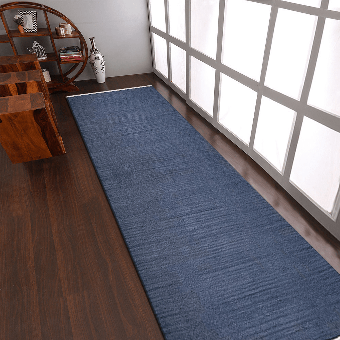 Rugsotic Hand Woven Blue Kilim Wool Runner Area Rug