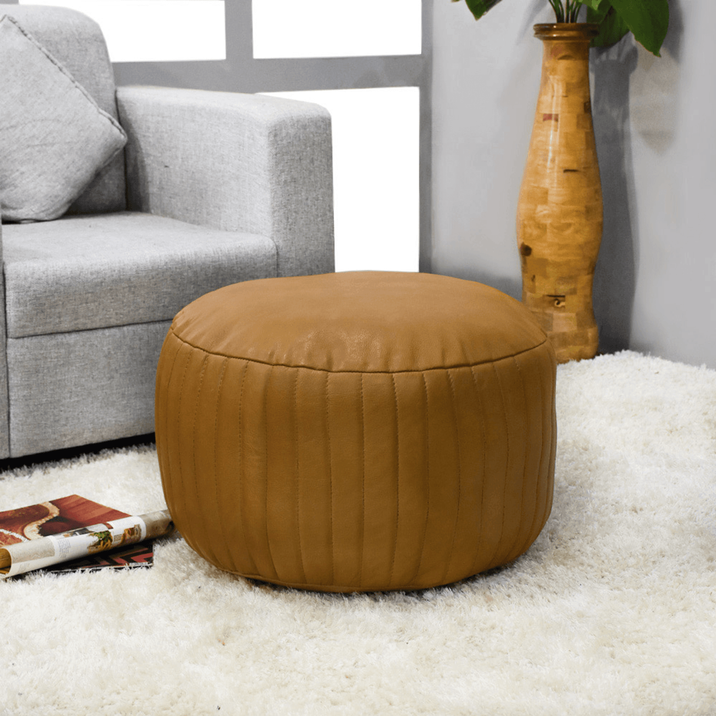 Beige Handmade Goat Leather Round Pouf With Recycled Cotton Fill