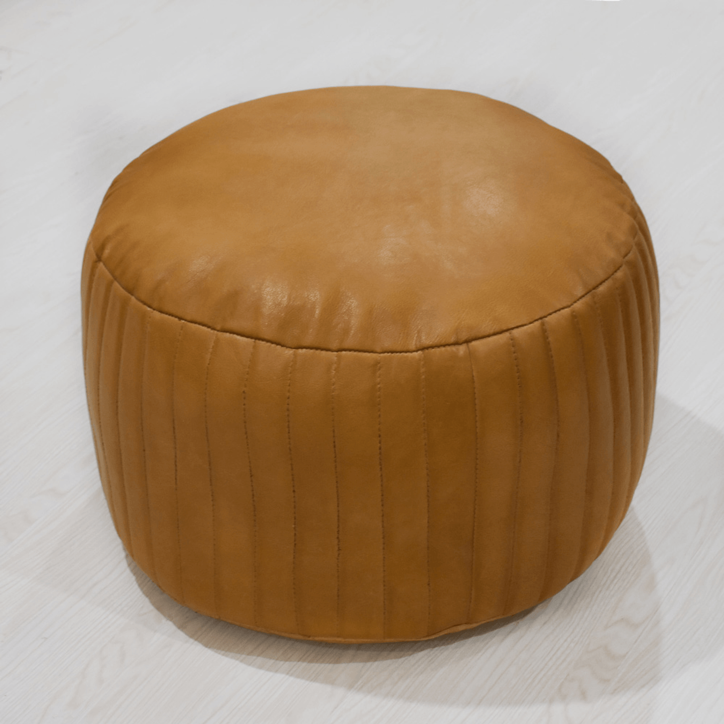 Beige Handmade Goat Leather Round Pouf With Recycled Cotton Fill