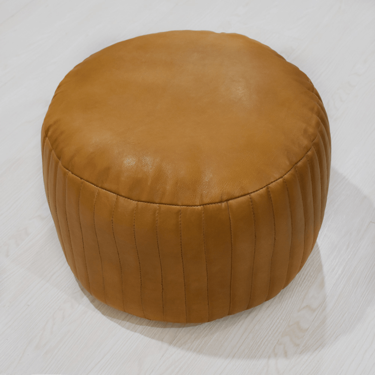 Beige Handmade Goat Leather Round Pouf With Recycled Cotton Fill