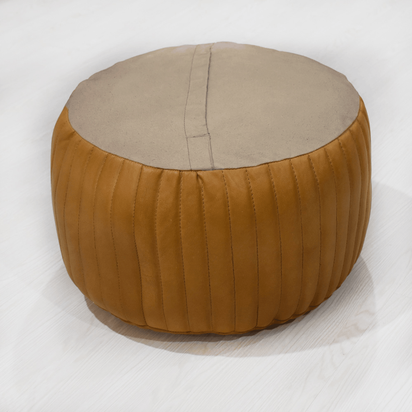 Beige Handmade Goat Leather Round Pouf With Recycled Cotton Fill