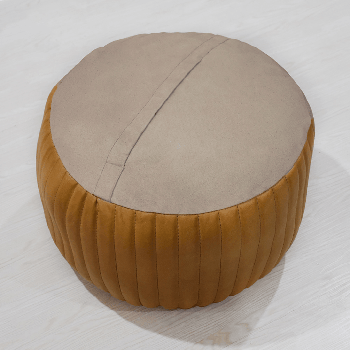 Beige Handmade Goat Leather Round Pouf With Recycled Cotton Fill