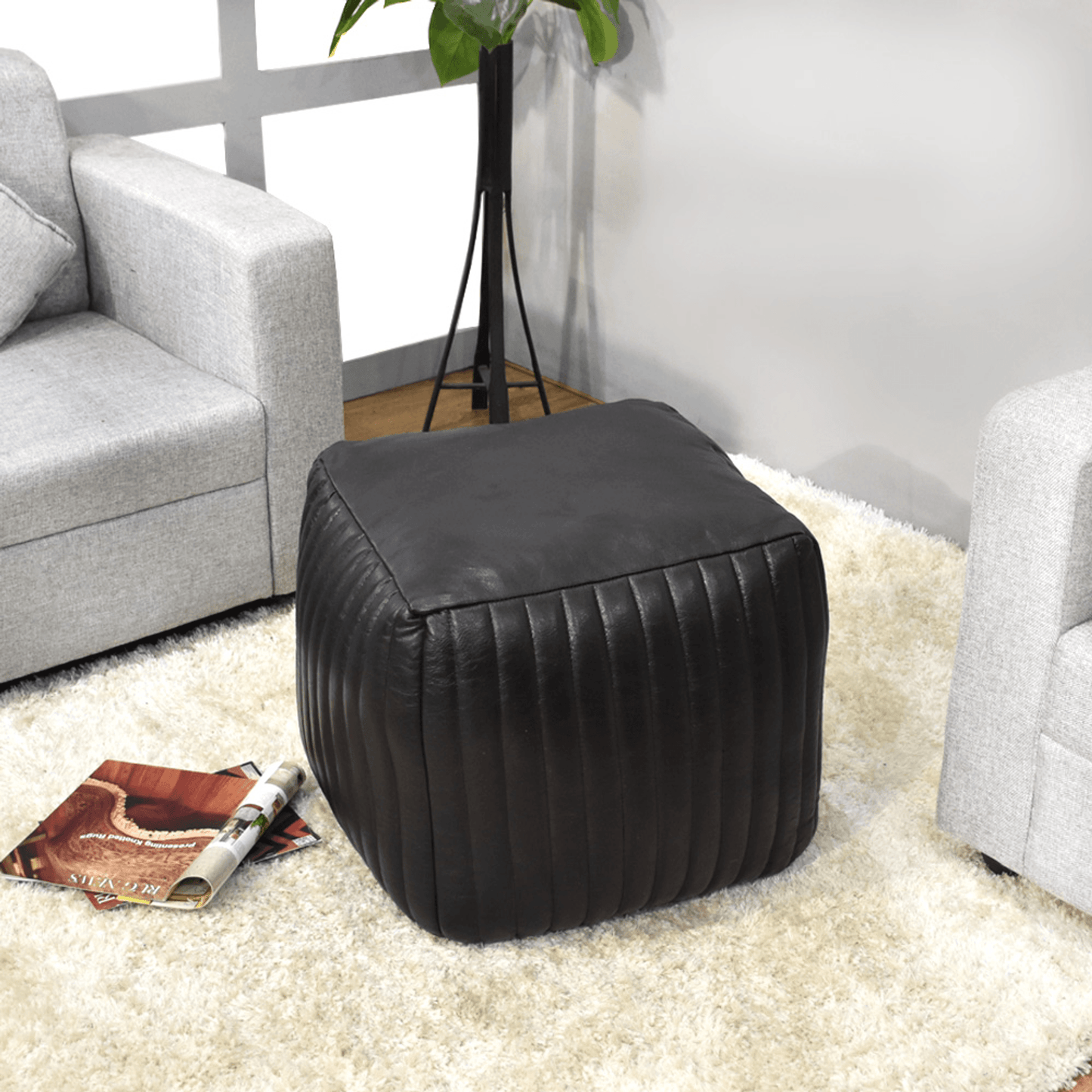 Solid Handmade Black Goat Leather Square Pouf With Recycled Cotton Fill