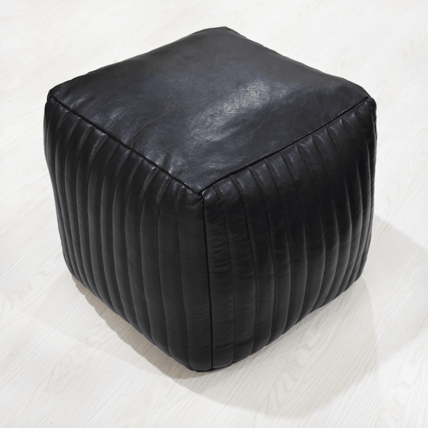 Solid Handmade Black Goat Leather Square Pouf With Recycled Cotton Fill