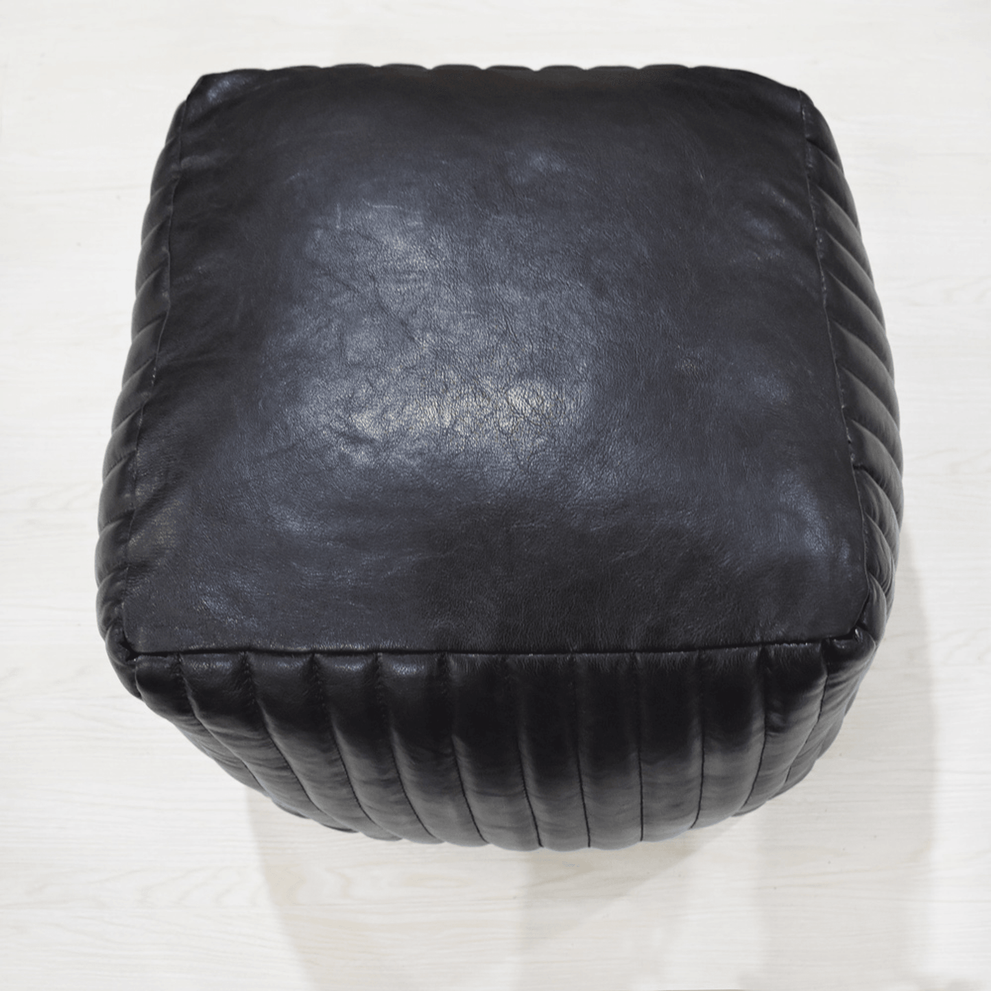 Solid Handmade Black Goat Leather Square Pouf With Recycled Cotton Fill