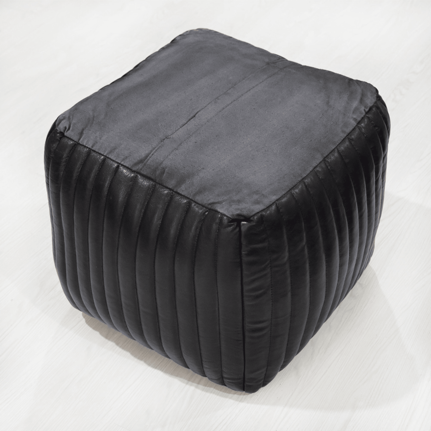 Solid Handmade Black Goat Leather Square Pouf With Recycled Cotton Fill