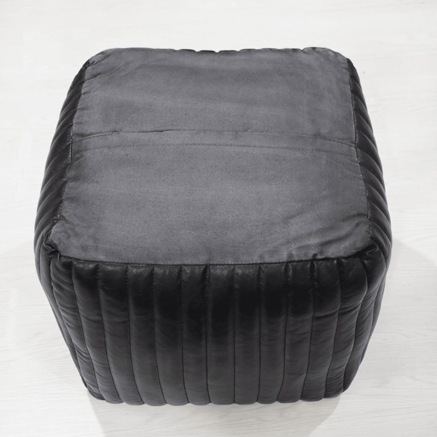 Solid Handmade Black Goat Leather Square Pouf With Recycled Cotton Fill