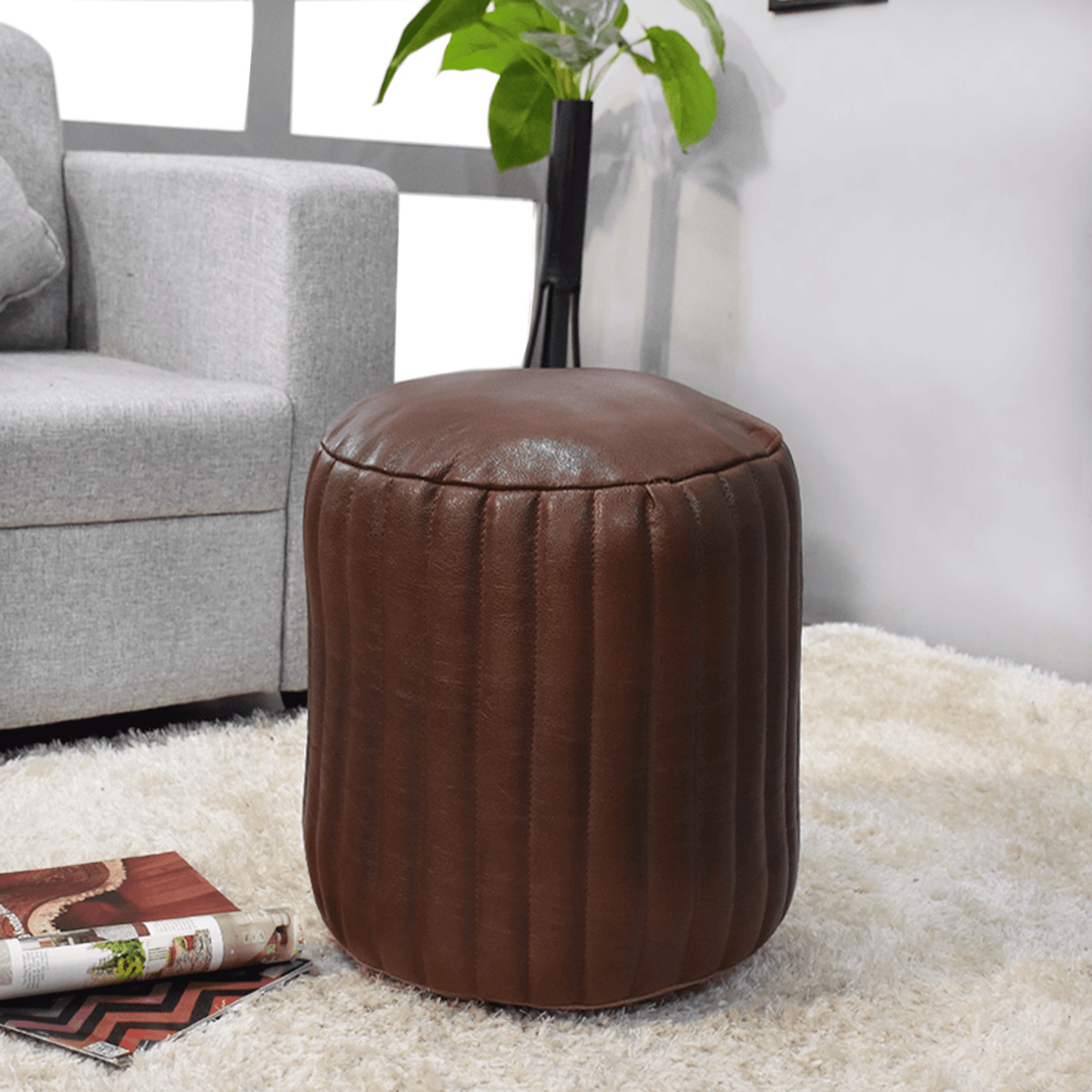 Beige Handmade Goat Leather Round Pouf With Recycled Cotton Fill