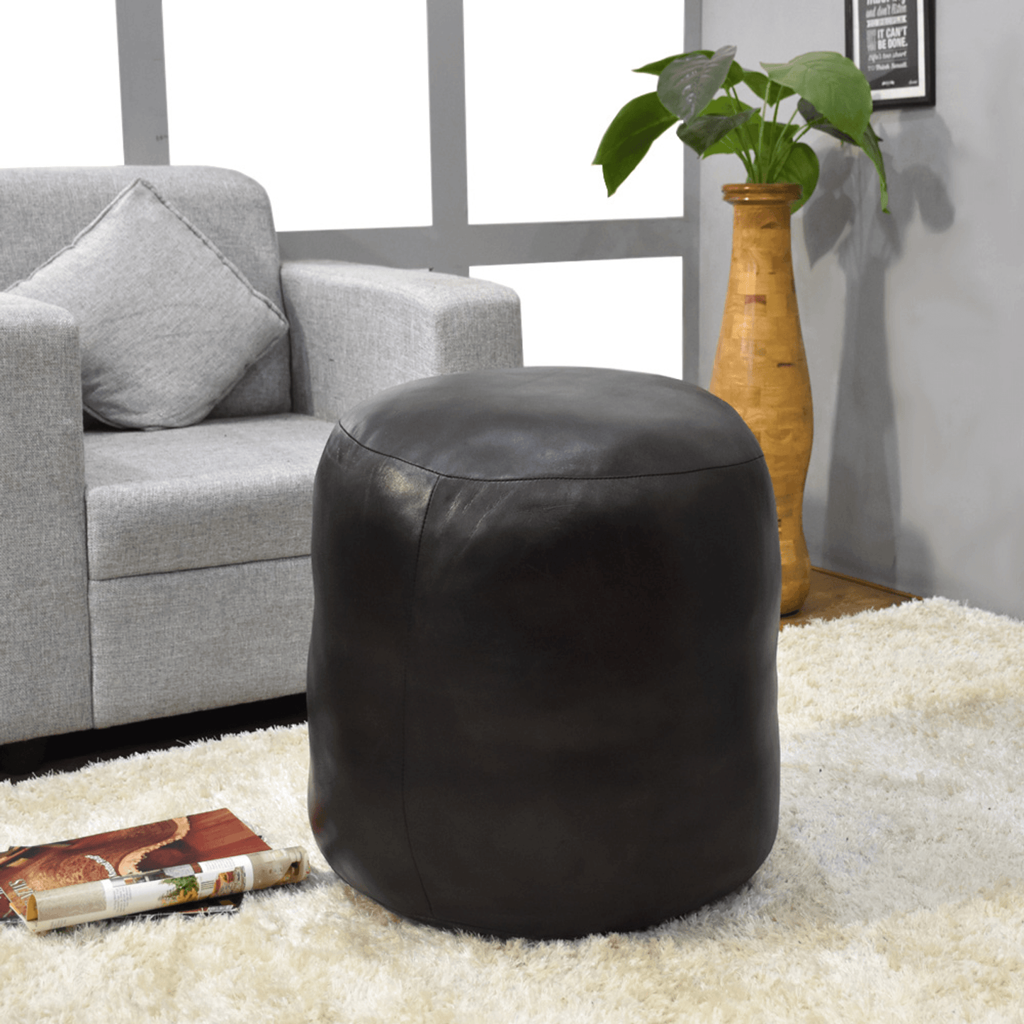 Beige Handmade Goat Leather Round Pouf With Recycled Cotton Fill