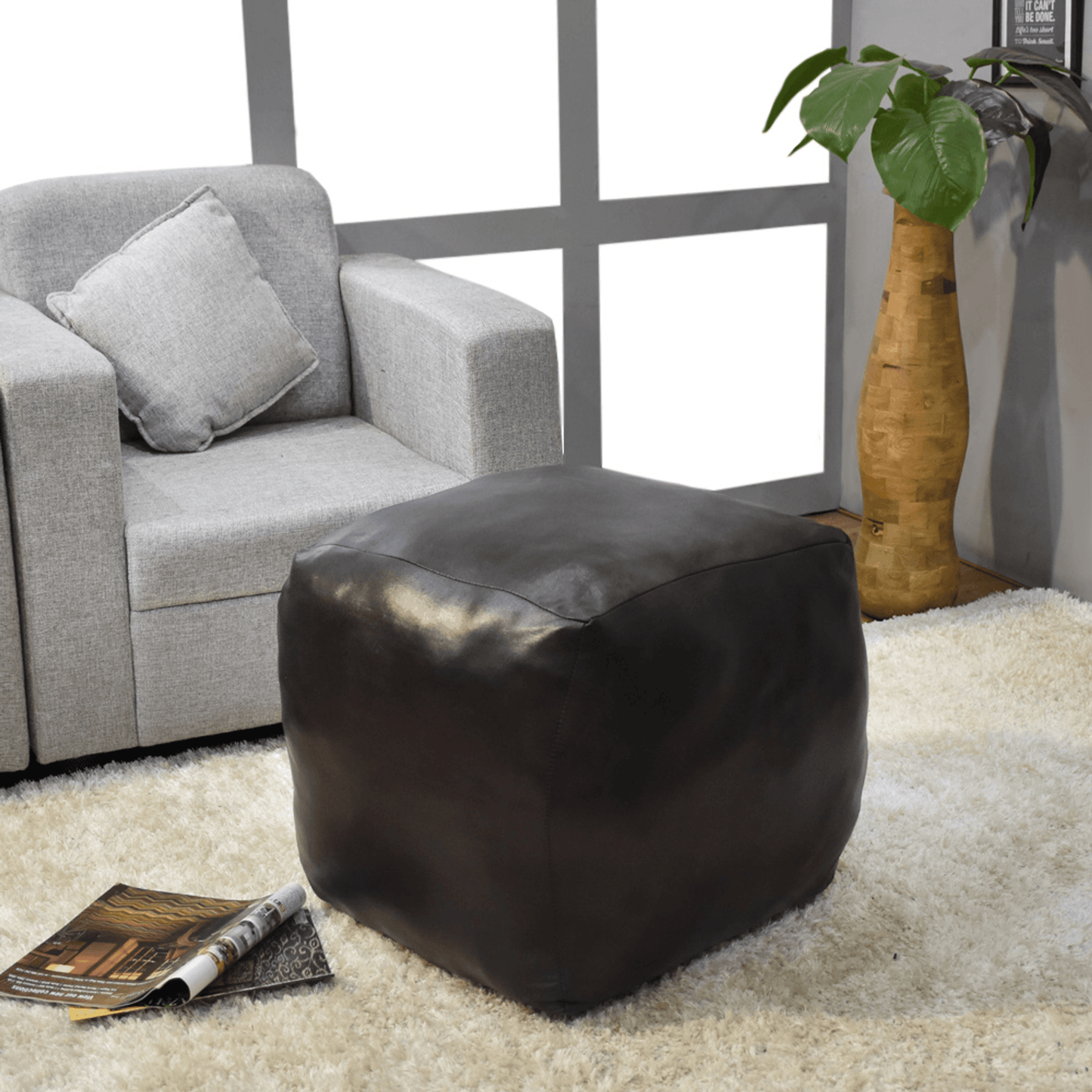 Solid Handmade Black Goat Leather Square Pouf With Recycled Cotton Fill