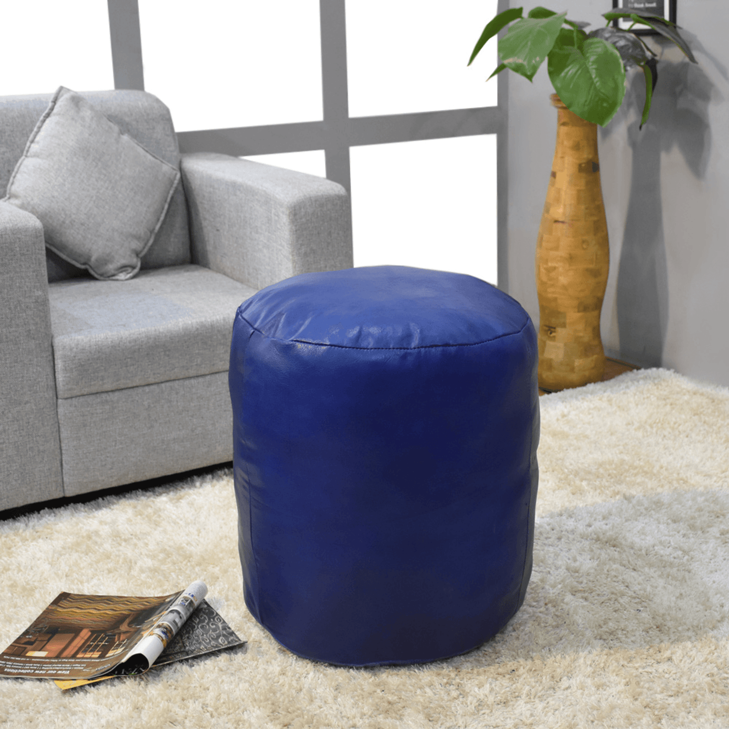 Beige Handmade Goat Leather Round Pouf With Recycled Cotton Fill