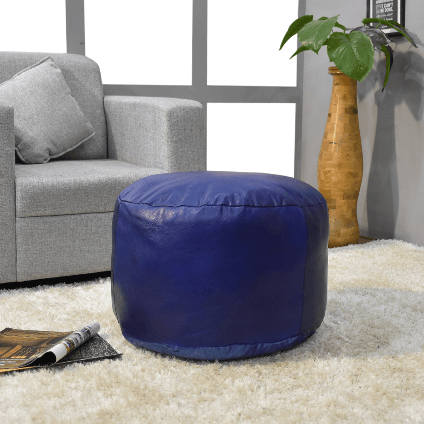 Beige Handmade Goat Leather Round Pouf With Recycled Cotton Fill