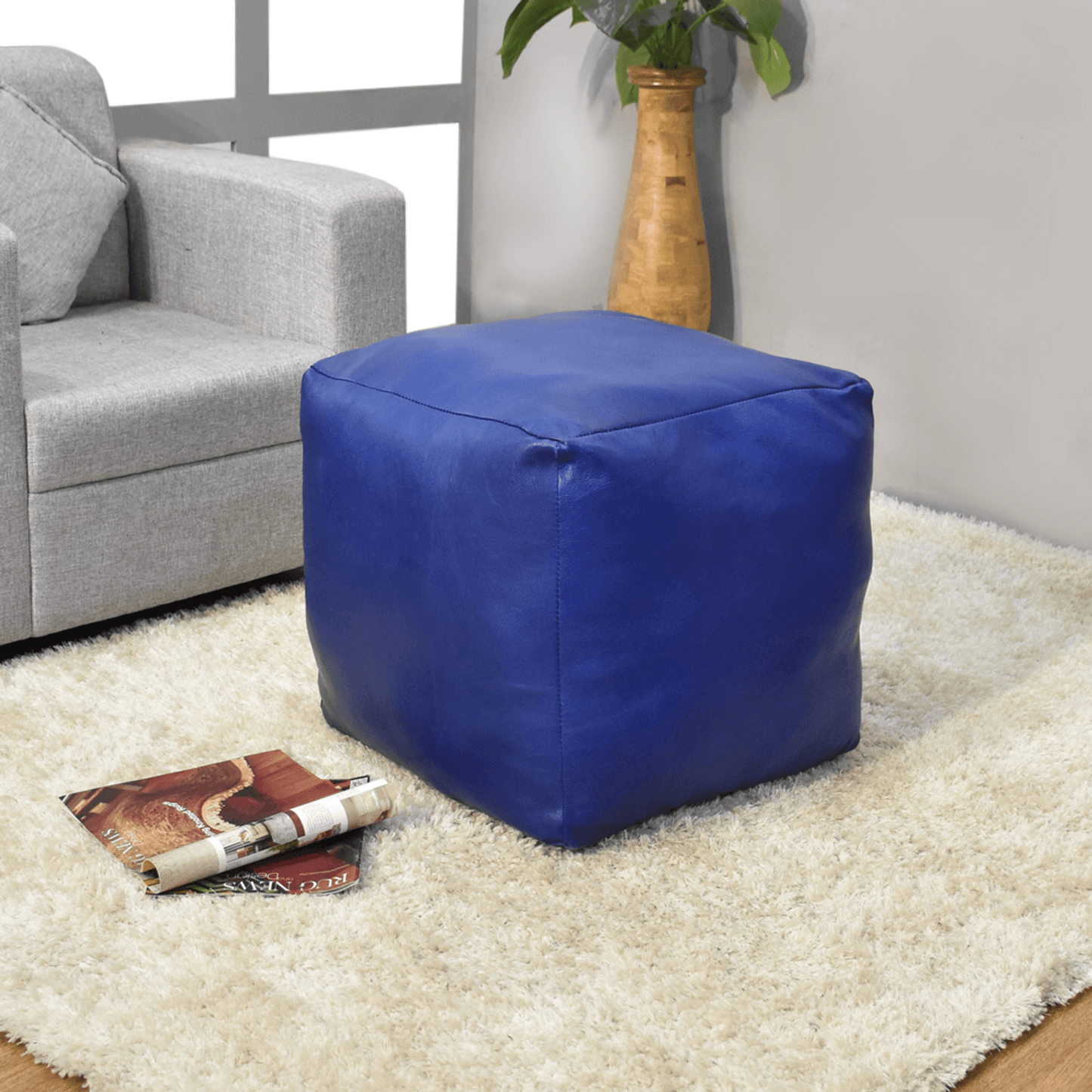 Solid Handmade Black Goat Leather Square Pouf With Recycled Cotton Fill