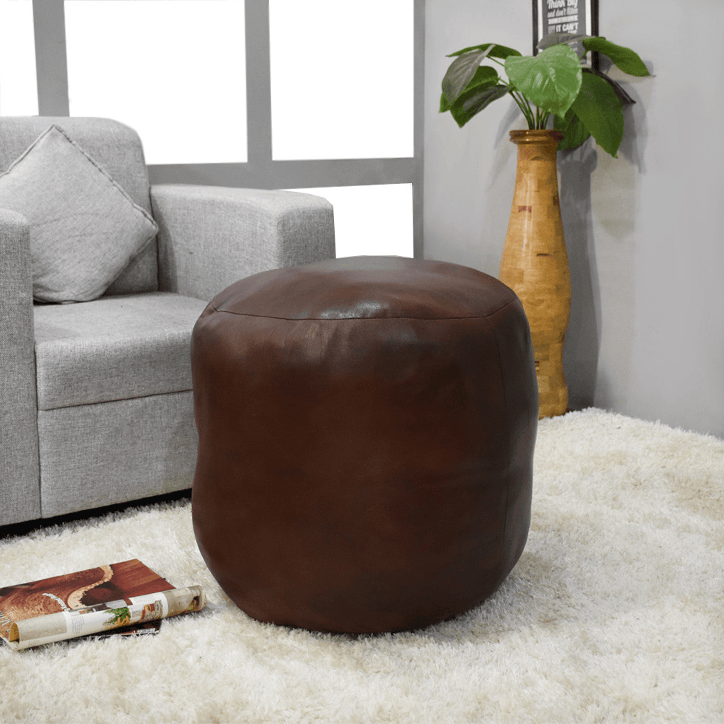 Beige Handmade Goat Leather Round Pouf With Recycled Cotton Fill