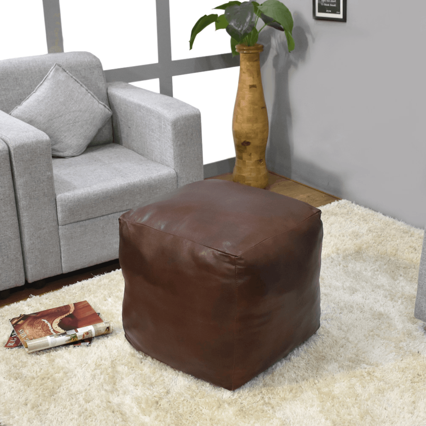 Solid Handmade Black Goat Leather Square Pouf With Recycled Cotton Fill