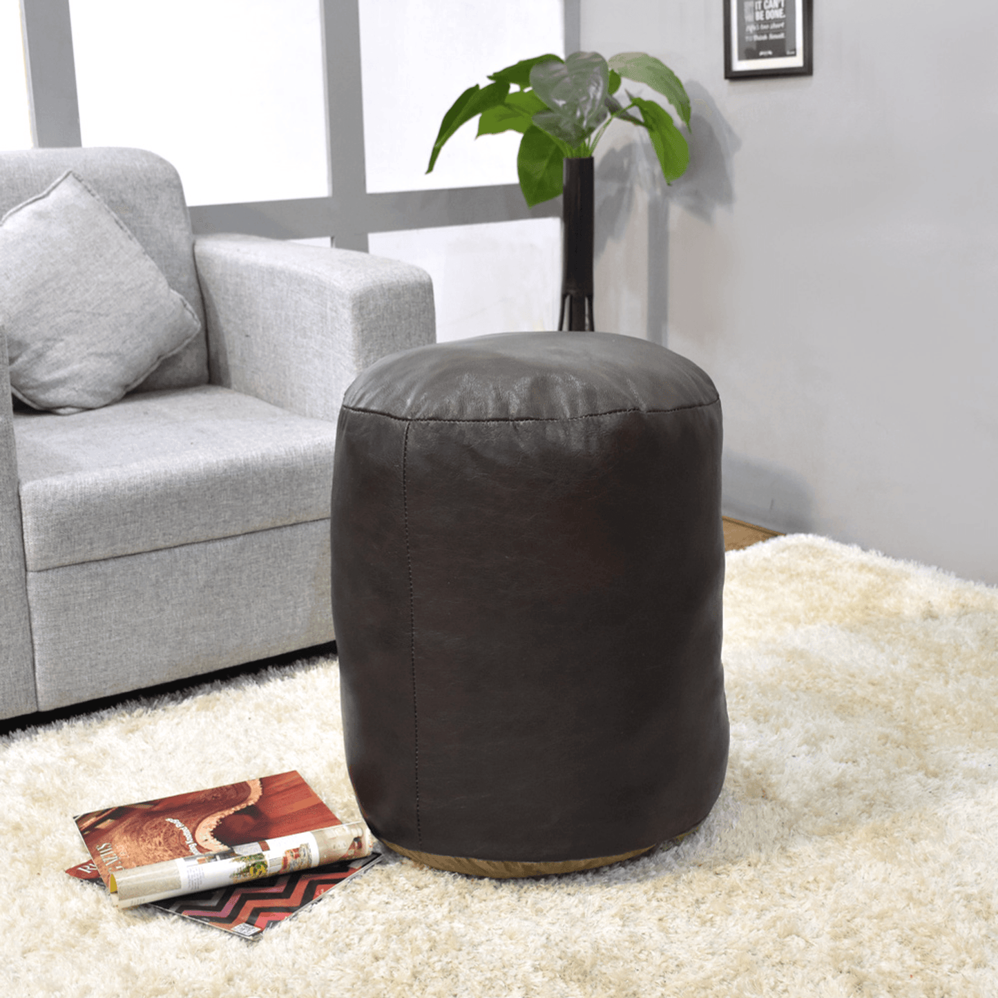 Beige Handmade Goat Leather Round Pouf With Recycled Cotton Fill