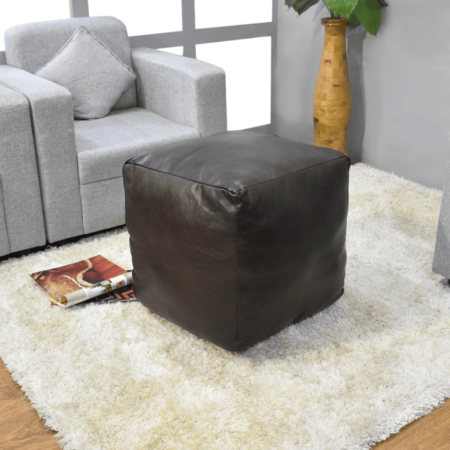 Solid Handmade Black Goat Leather Square Pouf With Recycled Cotton Fill