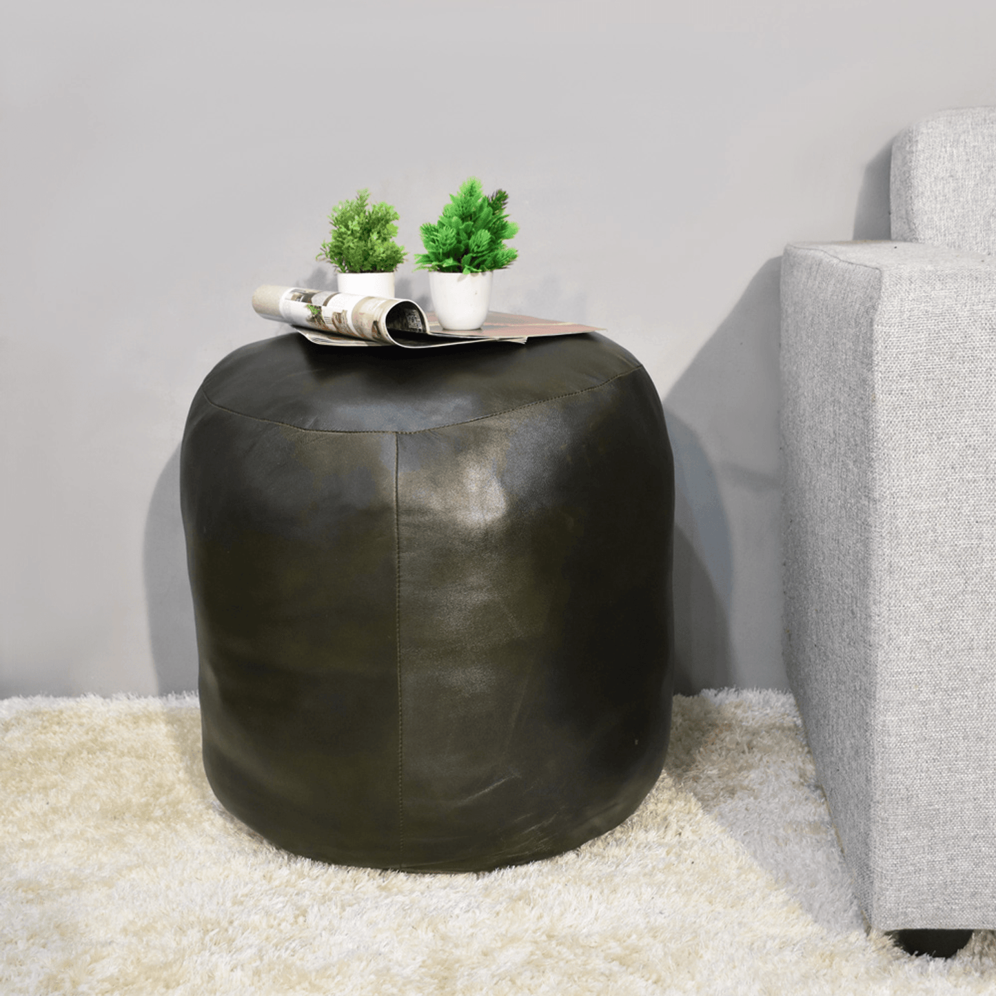 Beige Handmade Goat Leather Round Pouf With Recycled Cotton Fill