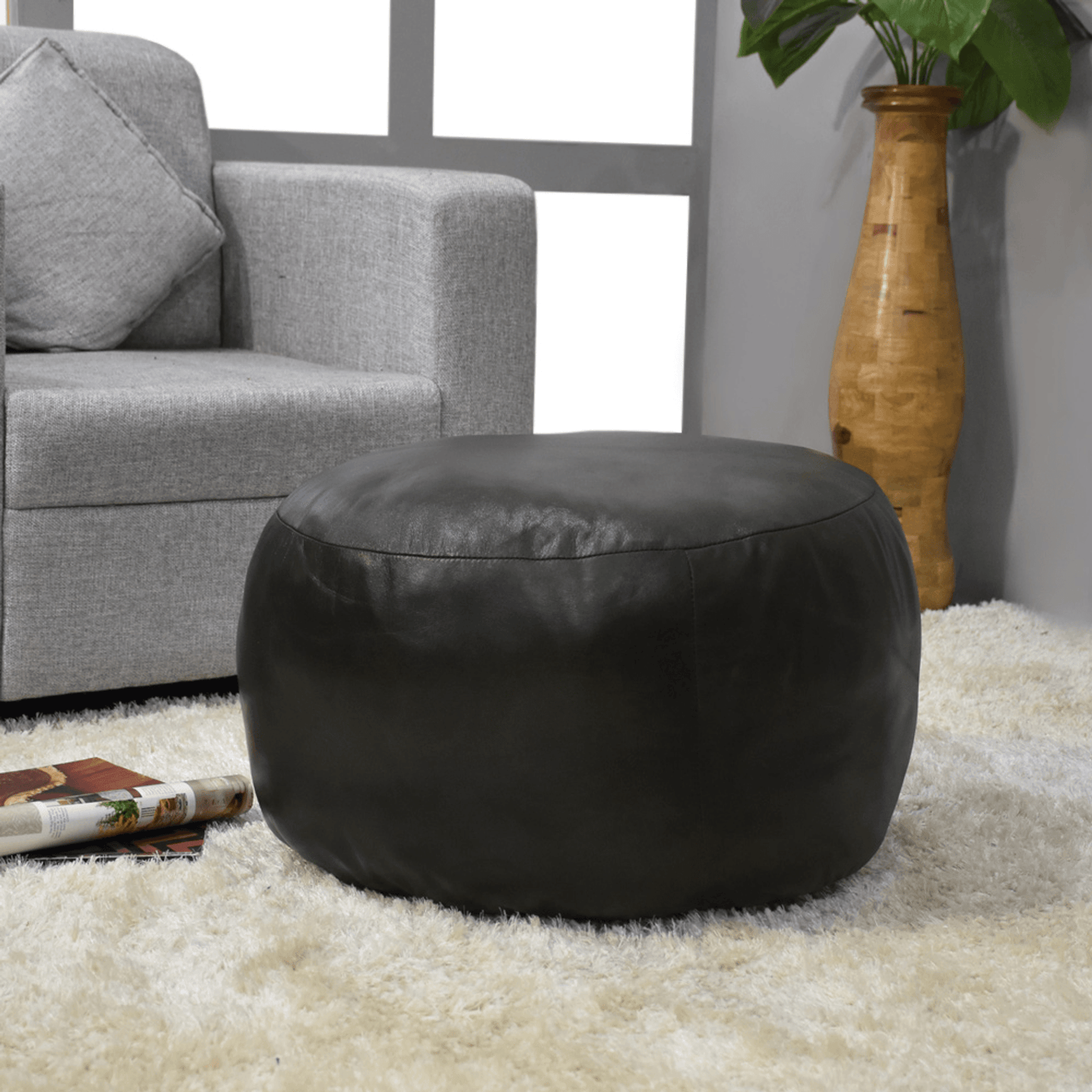 Beige Handmade Goat Leather Round Pouf With Recycled Cotton Fill