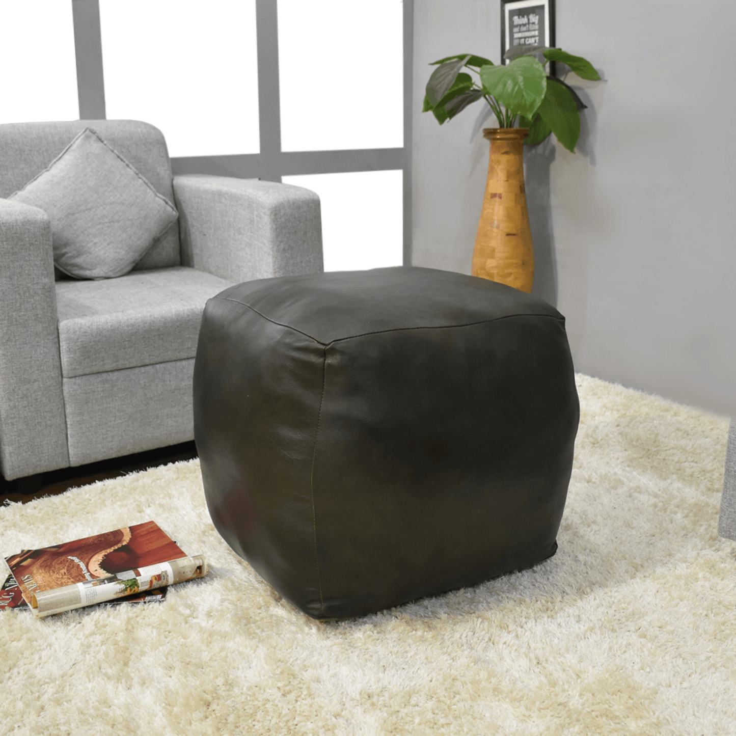 Solid Handmade Black Goat Leather Square Pouf With Recycled Cotton Fill