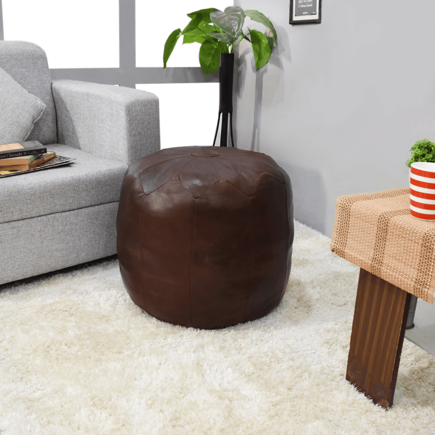 Beige Handmade Goat Leather Round Pouf With Recycled Cotton Fill