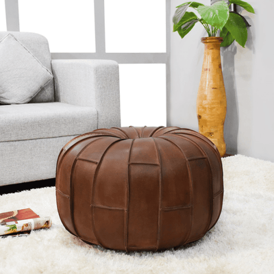 Handmade Buffalo Leather Round Pouf With Recycled Foam Filling