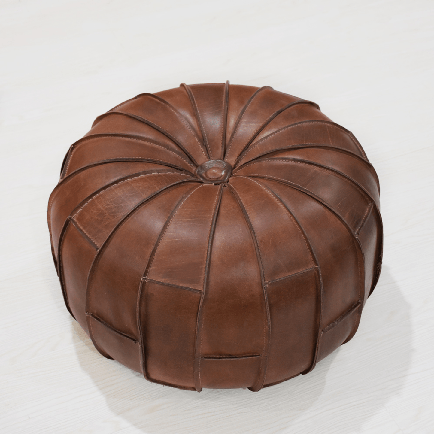 Handmade Buffalo Leather Round Pouf With Recycled Foam Filling