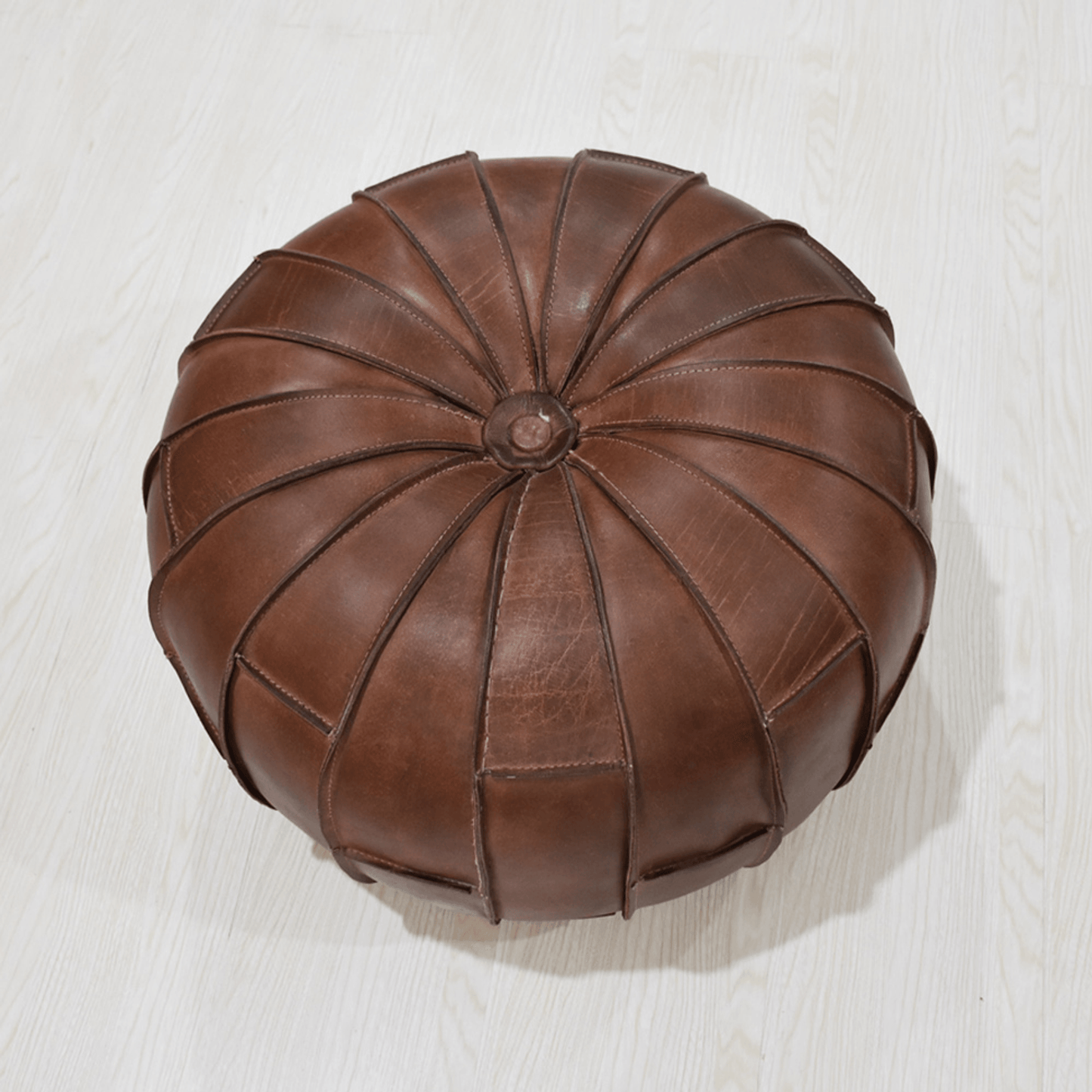 Handmade Buffalo Leather Round Pouf With Recycled Foam Filling