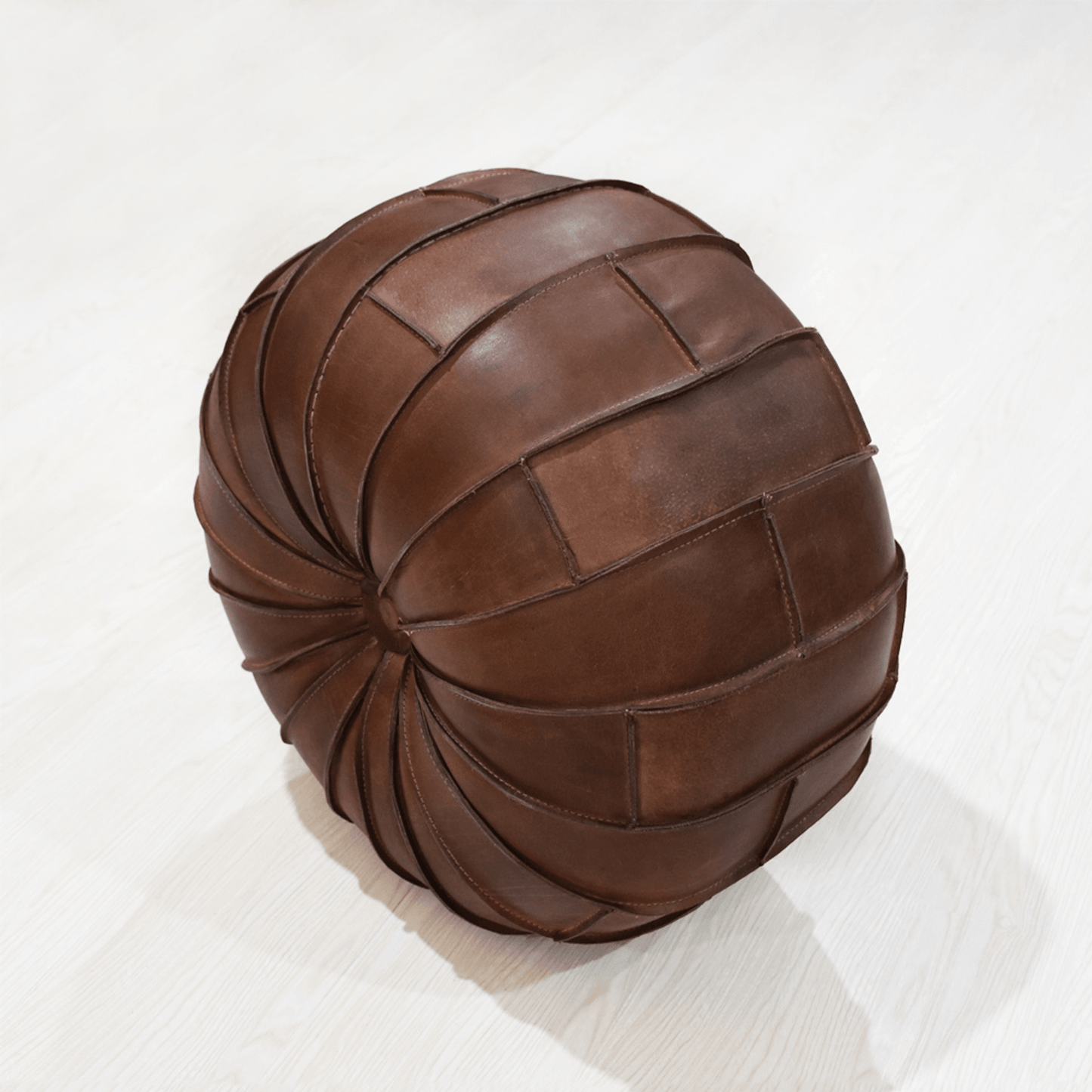 Handmade Buffalo Leather Round Pouf With Recycled Foam Filling