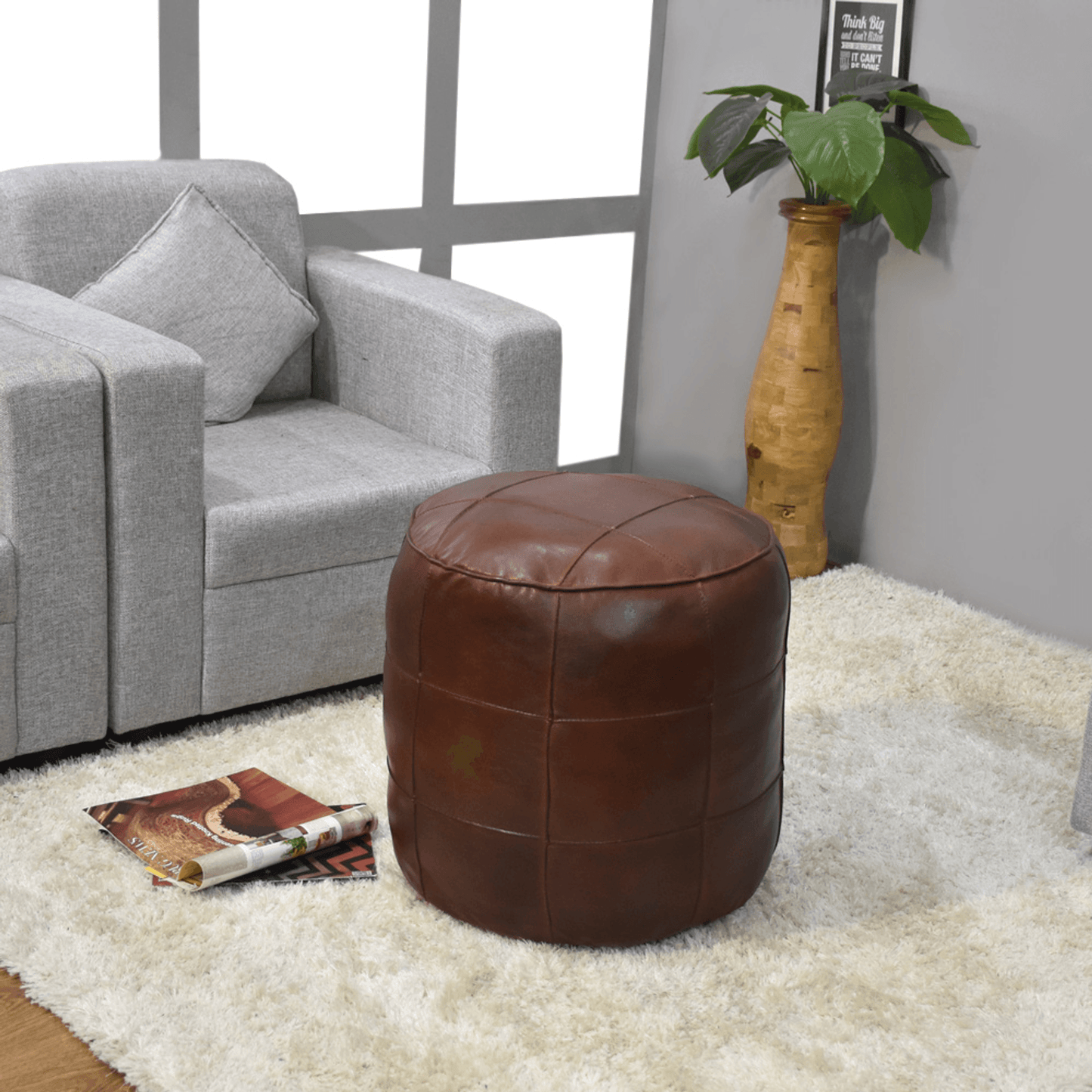 Beige Handmade Goat Leather Round Pouf With Recycled Cotton Fill