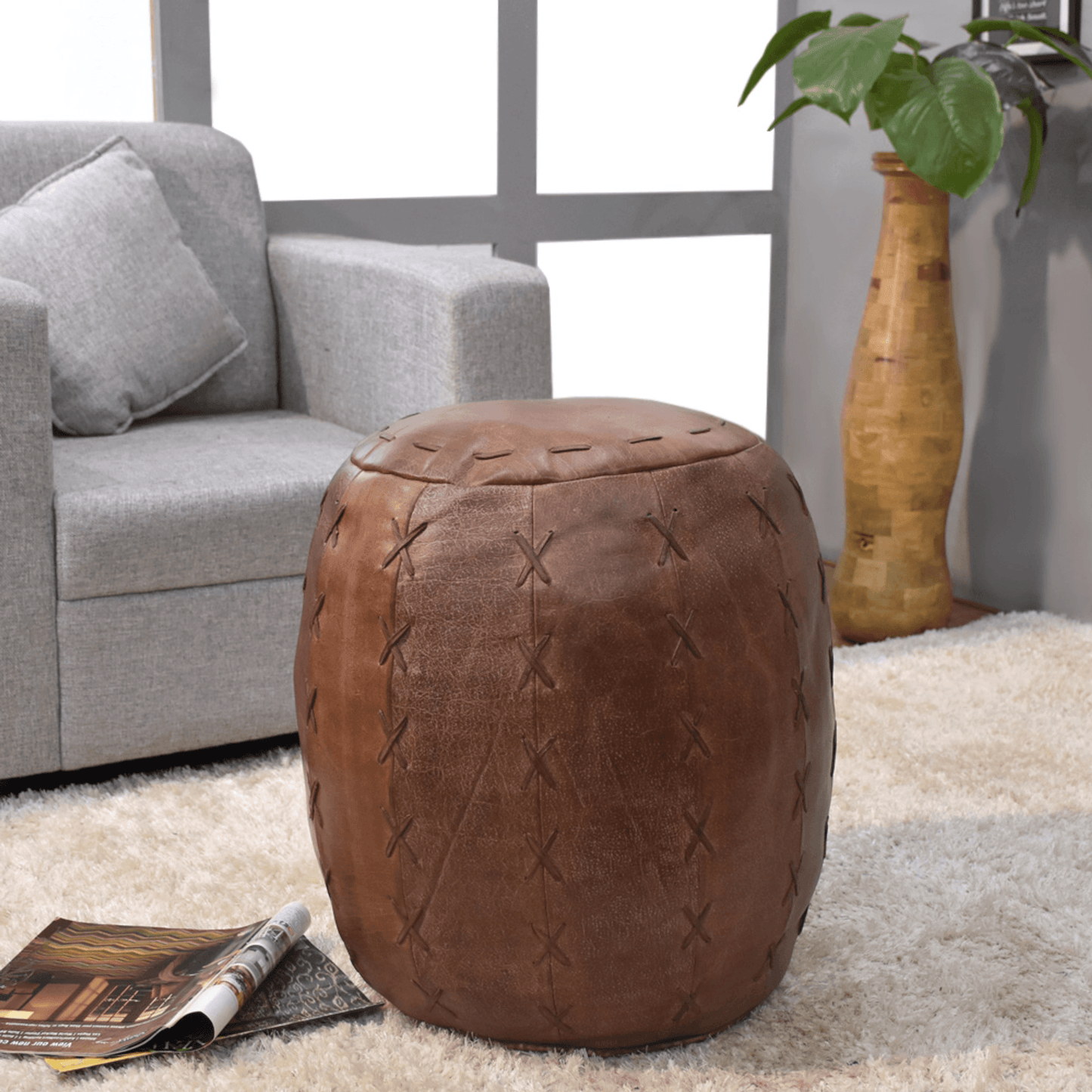 Handmade Buffalo Leather Round Pouf With Recycled Foam Filling