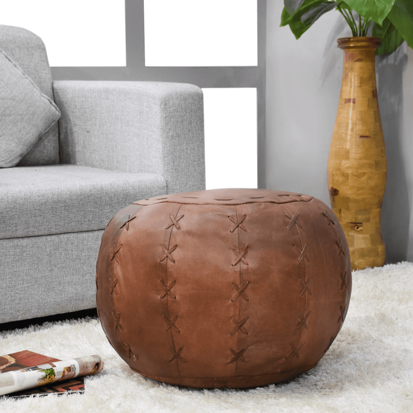 Handmade Buffalo Leather Round Pouf With Recycled Foam Filling