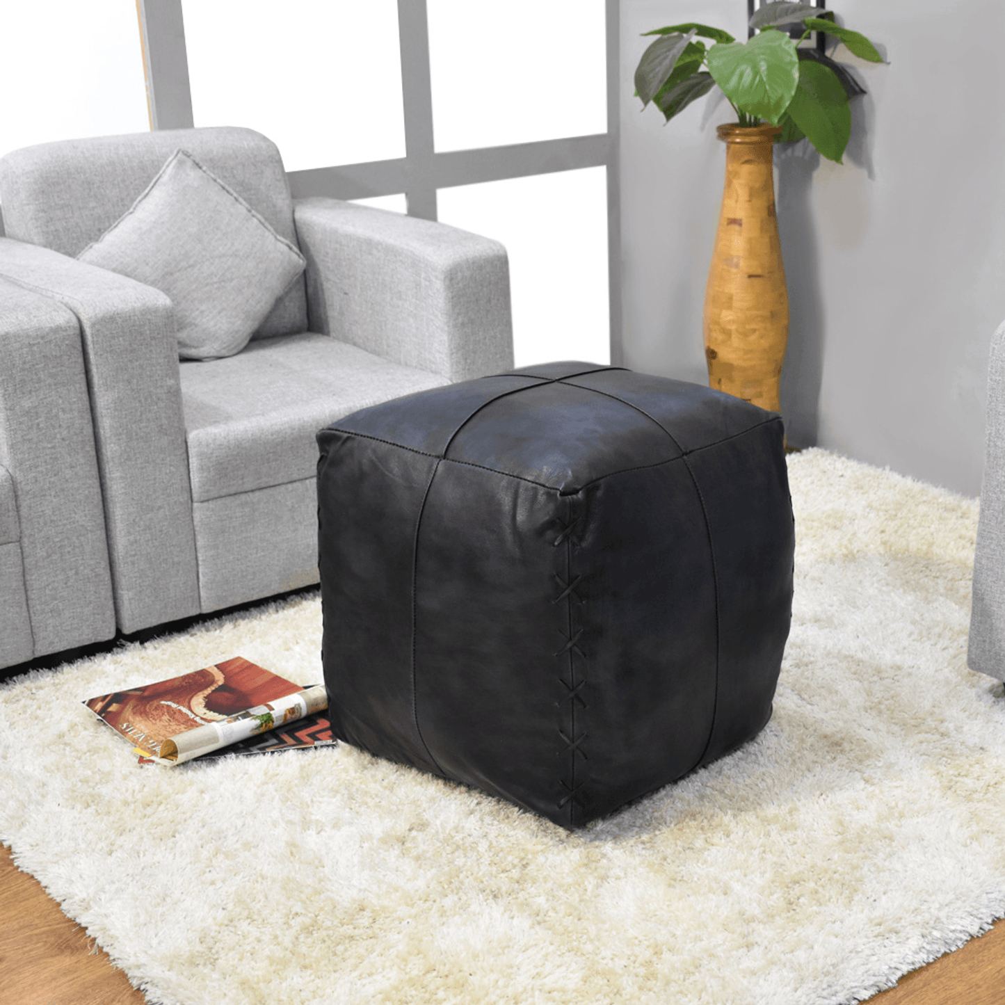 Solid Handmade Black Goat Leather Square Pouf With Recycled Cotton Fill