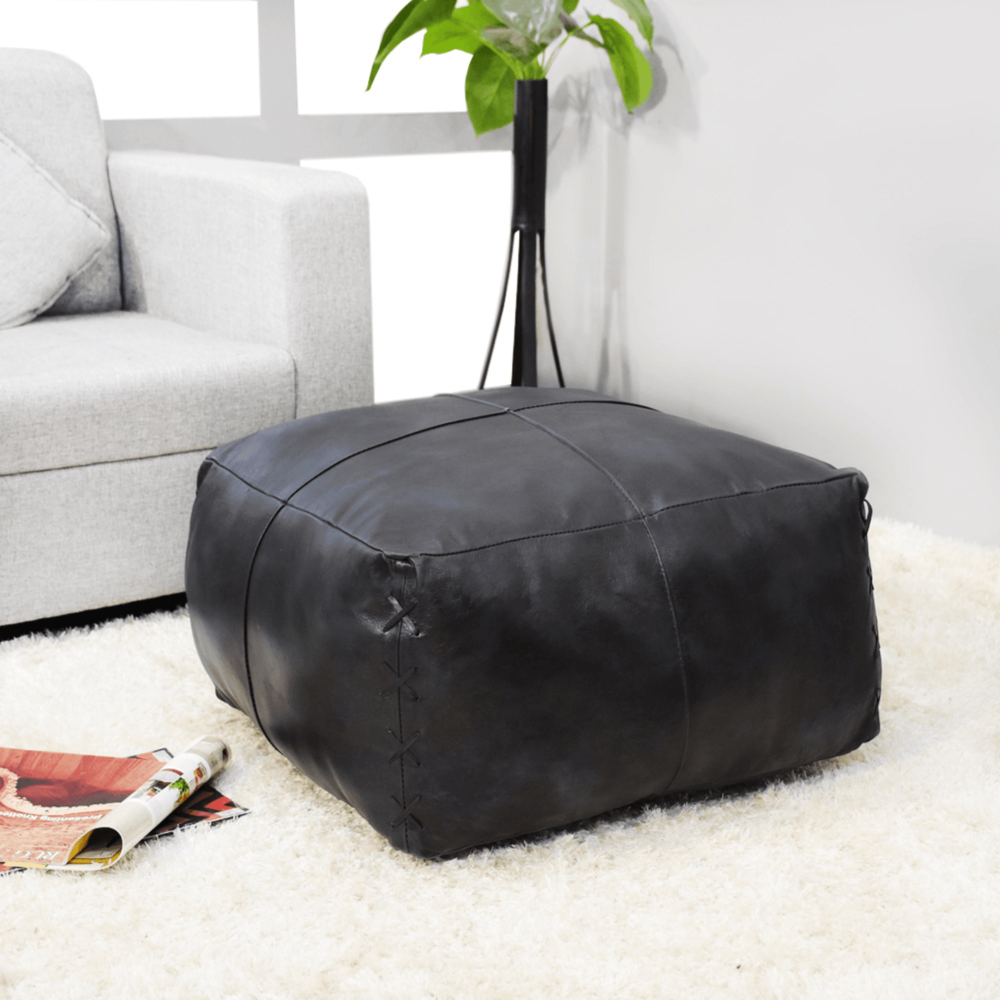 Solid Handmade Black Goat Leather Square Pouf With Recycled Cotton Fill