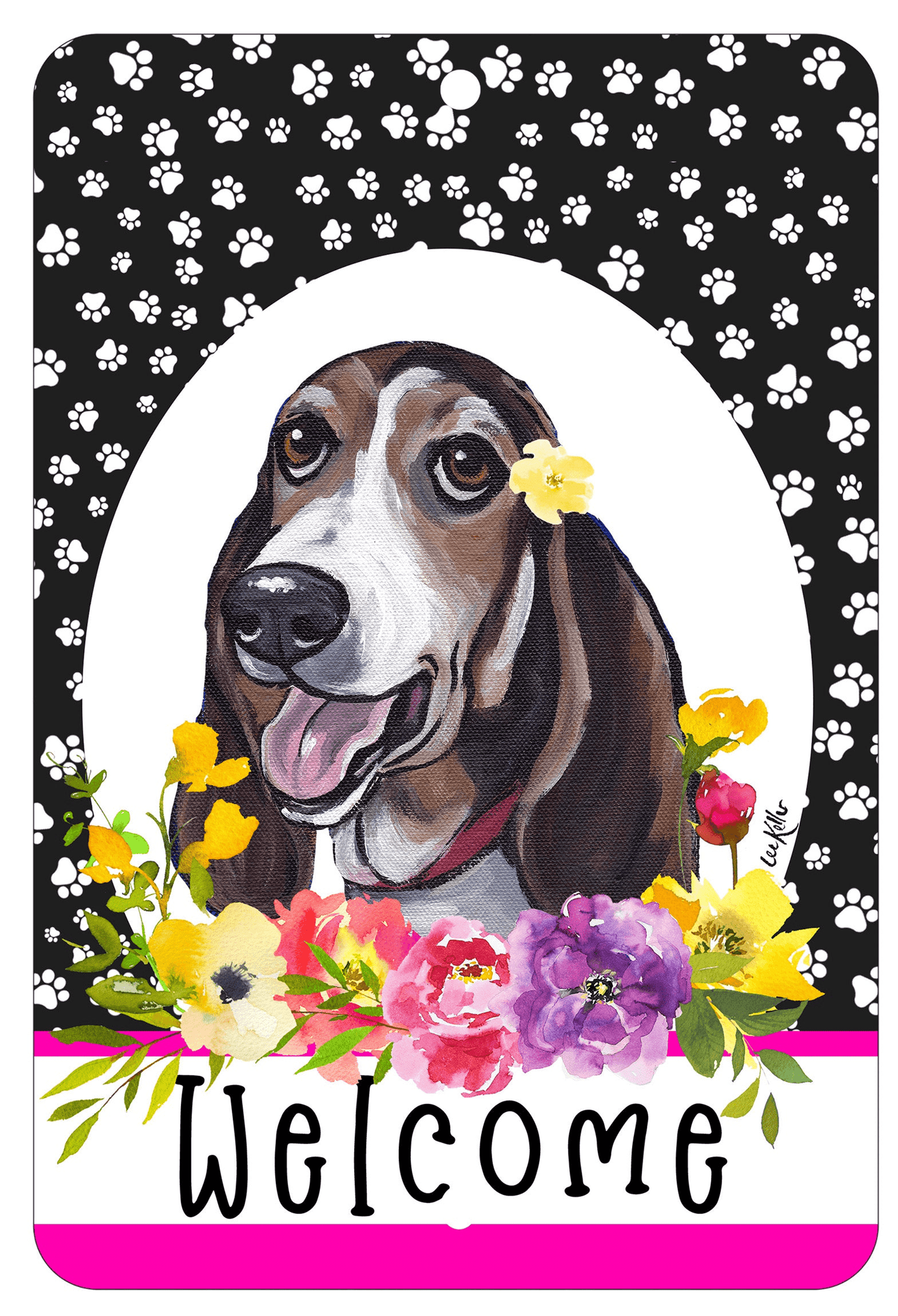Basset Hound Paw Prints Welcome Aluminium Sign
