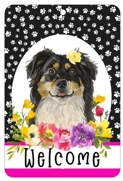 Border Collie Paw Prints Welcome Aluminium Sign - 8" X 12"