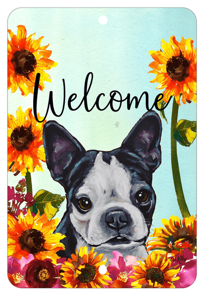 Boston Terrier Welcome Indoor/Outdoor Aluminum Sign - 8" X 12"