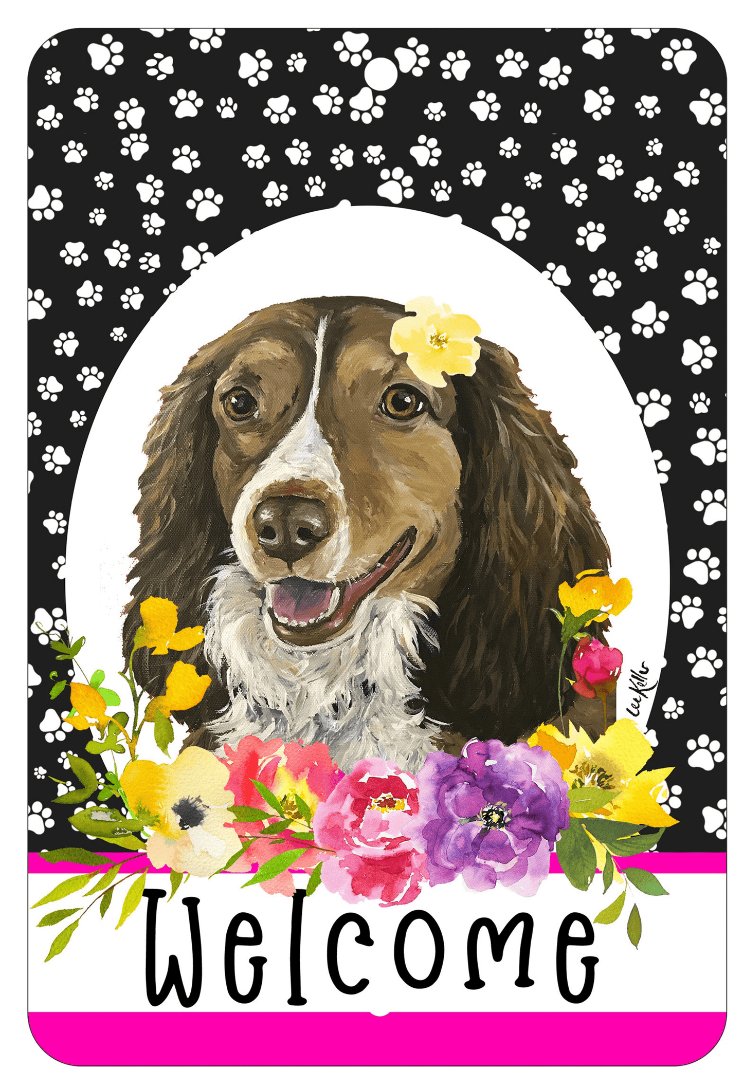Brittany Spaniel Paw Prints Welcome Aluminium Sign 8" X 12"