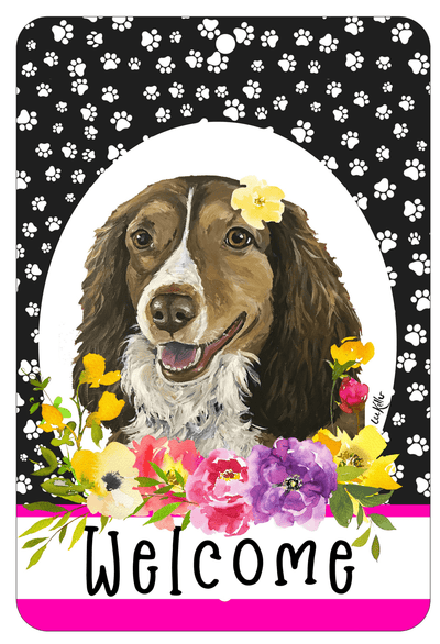 Brittany Spaniel Paw Prints Welcome Aluminium Sign 8" X 12"